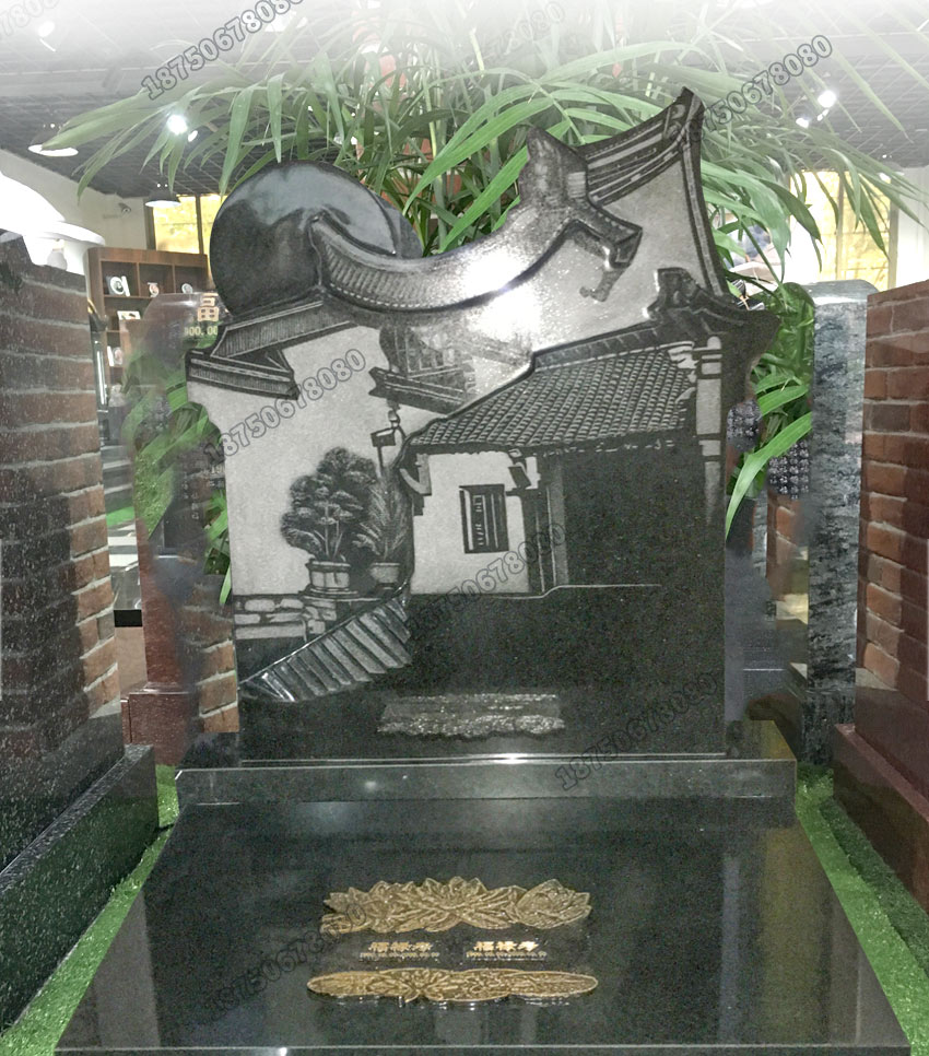 黑色石雕墓碑,黑色石材火葬碑,中式黑色火葬碑石雕,